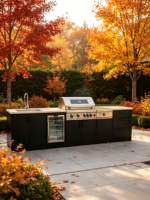 Station de cuisson extérieure modulaire moderne robuste avec pergola et barbecue à gaz 5 brûleurs en acier inoxydable pour usage commercial