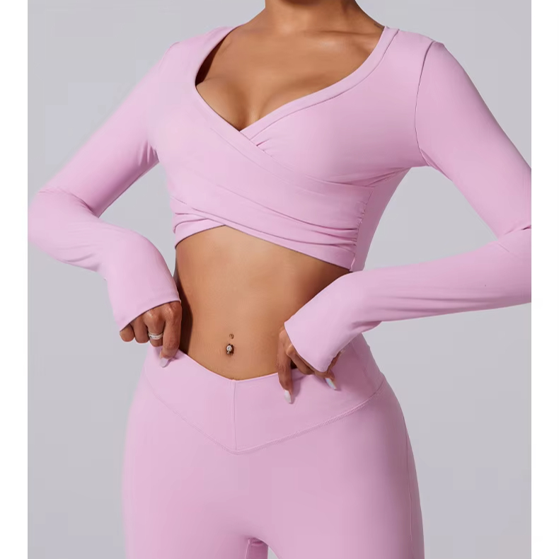 Quick Dry Sports Clothing Deep-V Neck Tight Shirt Running Workout Long Sleeve Tops Gym Fitness Yoga Top for Women