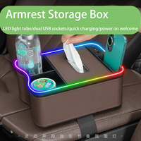 Vente flash : Console d'accoudoir de voiture avec 2 ports USB, lumière colorée universelle, boîte de rangement musicale
