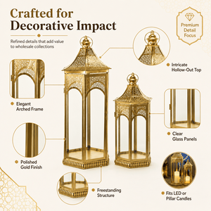 Ensemble de lanternes en verre et métal marocaines dorées en gros pour le Ramadan, grande lanterne à bougie pour la décoration du Ramadan, de l'Aïd et des mariages - Product Image 3