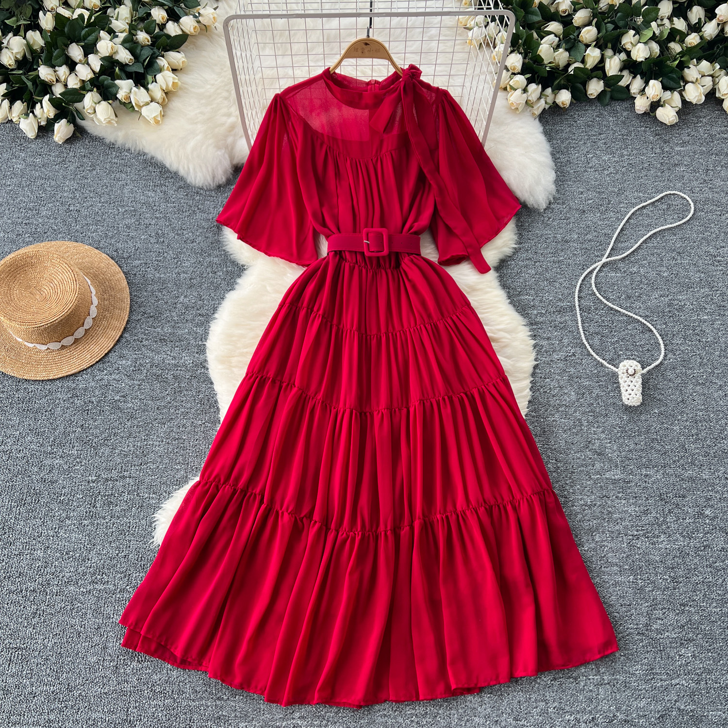 Summer Vintage O-Neck Tunic Slim Casual Midi Dress for Women Flare Sleeve  Empire Lace Dress Purple Burgundy Black