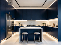 Meubles de cuisine modernes de luxe sur mesure en bois finition haute brillance, îlot central, panneau plat, design facile à nettoyer, armoire de rangement
