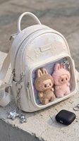 Sac à dos mignon en PU imperméable avec fenêtre transparente en PVC pour poupées, mini sac de rangement unisexe pour jouets Labubu Pop Mart, sac d'école personnalisable avec logo