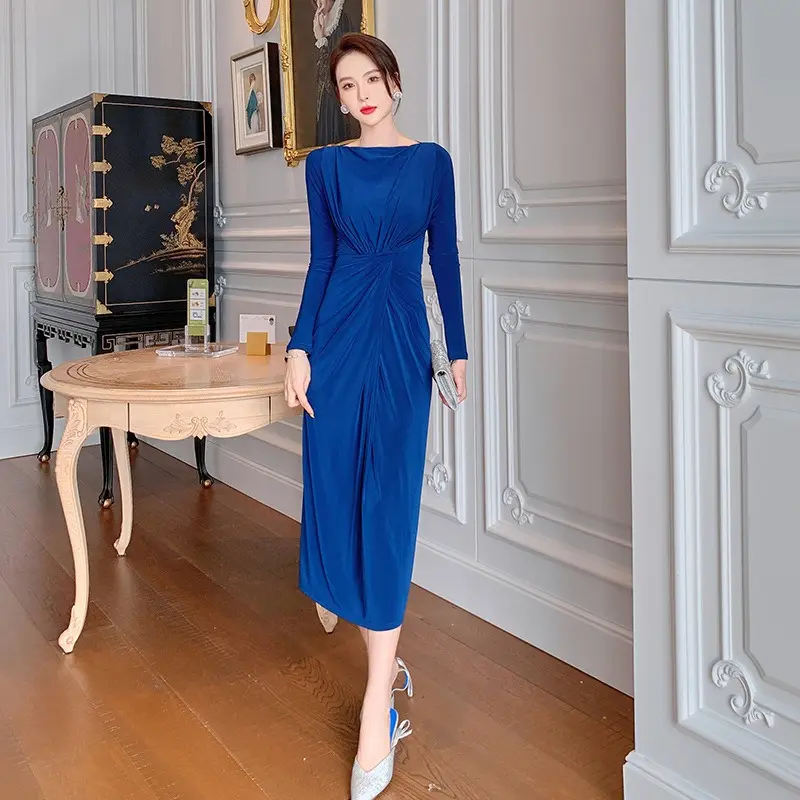 ZYHT 5339 Korean Fashion Fall Blue Twist Knot Ruched Cocktail Dresses Woman Formal Party Elegant Casual Dresses