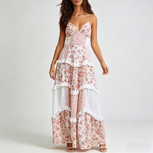 Robe longue rose florale personnalisée à bretelles spaghetti, à volants superposés, élégante, pour l'été, pour <span class=keywords><strong>femme</strong></span>, idéale pour demoiselle d'honneur, tenue de soirée, style afghan - Product Image 1