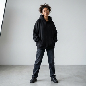 Sweat-shirt à capuche noir surdimensionné pour femme, broderie écologique, avec poches, manches longues, en polaire, couleur unie, pour le printemps et l'hiver - Product Image 1