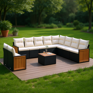Ensemble de canapés de jardin en rotin noir avec coussins crème, 10 places, mobilier d'extérieur, structure en teck, design contemporain - Product Image 2