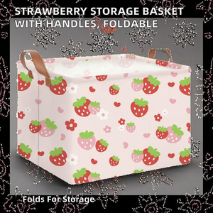 Cesto portaoggetti rettangolare in tessuto con manici, design pieghevole, motivo fragola, cesto regalo per libri - Product Image 2