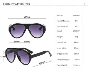 Lunettes de soleil surdimensionnées XY3607 style pilote, monture PC, verres UV400, protection tendance, personnalisables avec logo, fabricant OEM ODM - Product Image 5