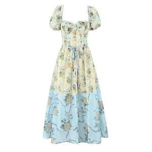Robe midi d'été décontractée pour femme, couleur rose, imprimé floral, taille à lacets, manches courtes, fermeture éclair au dos, avec doublure - Product Image 6