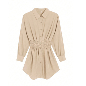 Robe chemise kaki pour femme à taille élastique, manches longues, motif géométrique, épaules tombantes, coupe droite, mini, décontractée, pour le quotidien, en polyester - Product Image 5