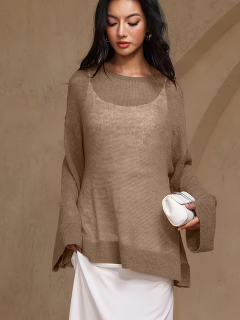 Women's Oversized Sheer Breathable Knit Sweater Spring Fashion Taupe Brown Flared Sleeve Jumper 100% Polyester Open-Knit Slouchy