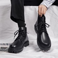 Nouvelles Bottes Homme Automne 2026 en Similicuir à Lacets Style Britannique pour Homme, Semelle Extérieure en Plastique Noir Couleur Unie, Mi-mollet