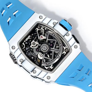 Montre mécanique squelette sportive de forme tonneau, boîtier blanc et bleu, bracelet en silicone, chiffres audacieux, cadran ajouré, montre élégante et décontractée - Product Image 3