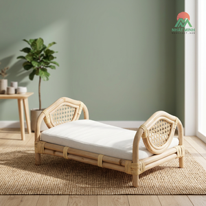 Lit bébé moderne en rotin et bambou tressé – Mobilier de maison ; lit avec rangement intégré pour appartements, hôtels, villas et chambres. - Product Image 3
