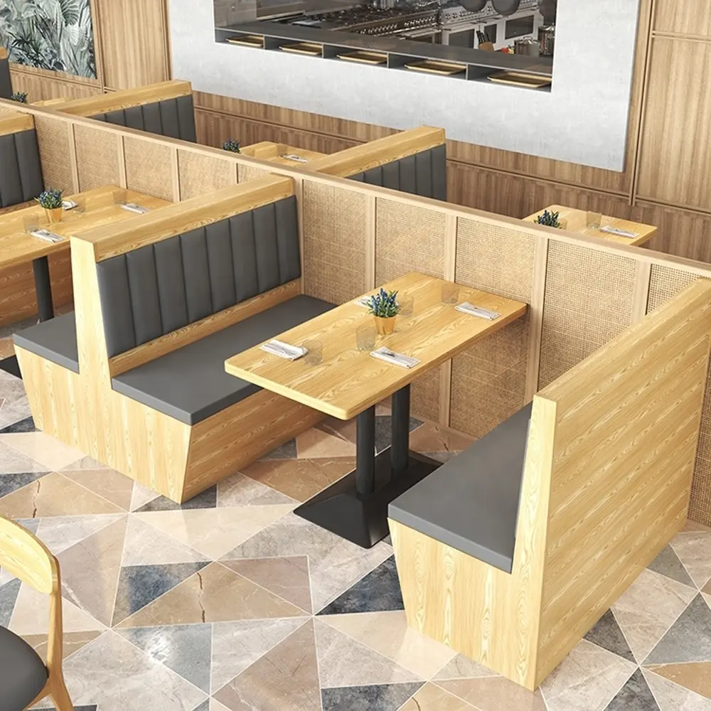 Ensembles de table de restaurant moderne et de stand double face, table en contreplaqué et ensembles de banquette canapé en cuir avec siège de rangement