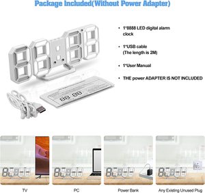 Reloj Despertador Digital LED 3D de Pared, con Atenuación Automática, Números Blancos, con Control Remoto - Product Image 4