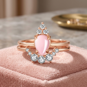 Deux ensembles de bagues vintage en quartz rose en forme de goutte, plaquées or rose, avec sertissage griffe, pour femme, idéales pour les fêtes - Product Image 3