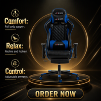 Chaise de jeu noire et bleue en cuir PU, chaise de bureau pour ordinateur, accoudoirs réglables, roulettes pivotantes, capitonnage diamanté