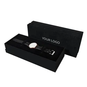 Boîte rigide de montre noire à long couvercle de luxe avec logo personnalisé boîtes de cadeau de montre mécanique de bijoux exquis emballage