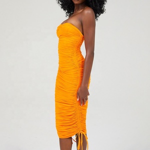 Weixin-ropa profesional personalizada para mujer, vestido Midi de señora de club nocturno, sin tirantes, color naranja, fruncido, para verano - Product Image 5