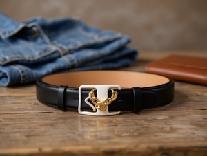 <b>Chain</b> Saddle Buckle <b>Belt</b> 5.0cm Silver Rectangular Casual Cow Hide Leather - Product Image 2