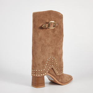 WETKISS Bottes de cow-girl punk à clous <span class=keywords><strong>pour</strong></span> femmes en gros, bottes à talons hauts mi-<span class=keywords><strong>mollet</strong></span>, bottes de cow-boy occidentales à revers avec rivets - Product Image 4