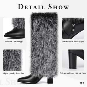 Stivali Alti al Ginocchio da Donna con Pelliccia e Tacco, Stivali Pelosi e Morbidi <span class=keywords><strong>a</strong></span> Punta, Stivali Alti Lunghi con Polpaccio Largo e Zip Laterale - Product Image 2