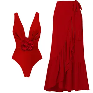 2024新款性感3D花朵深v比基尼女红色一体式巴西比基尼泳衣连衣裙
