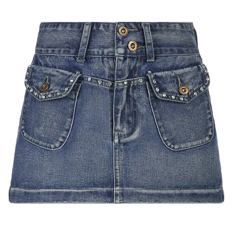 Vintage Blue Denim Mini Skirt And Top Quality High Waist Slim Fit Rhinestone Decoration A-Line Denim Skirt For Women