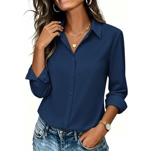 Camisa de Mujer con Botones, Corte Clásico, Manga Larga, Blusa para Trabajo, Informal de Negocios, Tela Popelina - Product Image 1