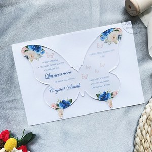Bebé azul Floral claro mariposa acrílico dulce 15 años tarjeta de invitación de quinceañera - Product Image 4