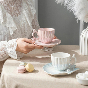 Taza y platillo de café con degradado de concha de perla, pequeños y elegantes, exquisitos y de alta calidad estética, taza para té de la tarde - Product Image 2