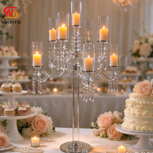 Candélabre de luxe lisse à 9 bras en verre cristal transparent avec pendentifs en cristal suspendus, centre de table de mariage, pour événements et banquets - Product Image 2