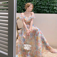 Robe longue d'été pour femme, asymétrique à une épaule, manches bouffantes, motif floral, taille à nouer, respirante, cache-maillot de plage, coupe trapèze, en polyester/coton