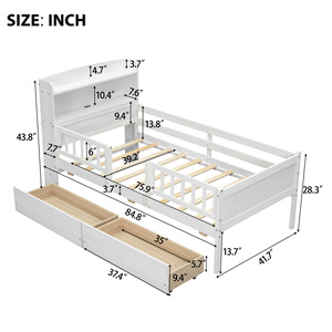 White Children's <b>Storage</b> Bed With Headboard Bookshelf Drawers For <b>Kids</b> Bedroom - Product Image 4