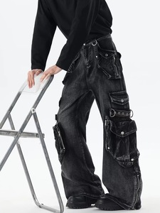 Pantalones Cargo Vaqueros Vintage Lavados para Hombre, Pantalones de Trabajo de Mezclilla con Múltiples Bolsillos, Cintura Media, Estilo Urbano - Product Image 3