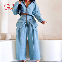 GX1015 Fashion Boutique Style Vintage Femmes Manches Longues Col Roulé Élégant Denim Tops et Loose Cargo Jean Pant 2 Pièces Sets
