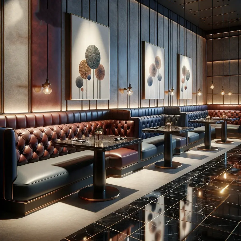 Moderno de lujo de madera de cuero negro club nocturno Chesterfield restaurante sofá silla comercial restaurante muebles conjuntos