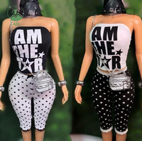 Nouvel ensemble 2 pièces imprimé lettres pour femme – Tenue décontractée avec top bustier et pantalon à pois – Vêtements d'été streetwear pour femme