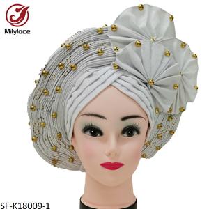 Beaux accessoires de mariage Turban avec perles pierres couleur unie plissé africain dames bandeau chapeau de fête - Product Image 2
