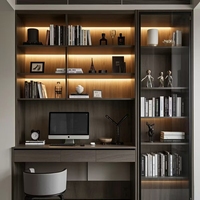 Bureau d'étude intégré moderne et minimaliste avec éclairage LED, meuble de rangement modulaire en bois grainé pour villa