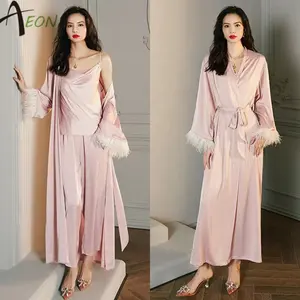 Luxury Silk Feathers Maxi Kimono Robes For Women Night Long Dresses With Feather