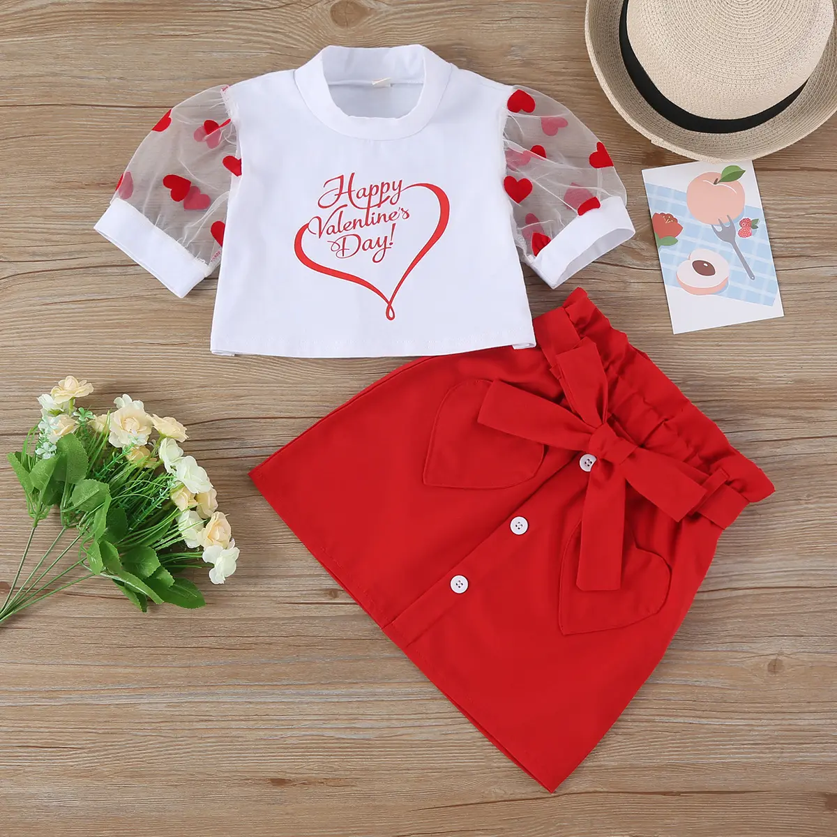 Valentine's Day boutique Wholesale Heart Printed Girl Dresses sets Kids spring Clothes Toddler Girls White tops and skirt 2pcs