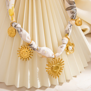 Silk Scarf <b>Necklace</b> With Heart And Sun Pendant 18K Gold Plated Zinc Alloy Fashion Jewelry For Women Elegant <b>Statement</b> Piece - Product Image 2
