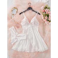 Ensemble de pyjama sexy en dentelle brodée transparente, style européen et américain, vente chaude, lingerie romantique à fente sexy