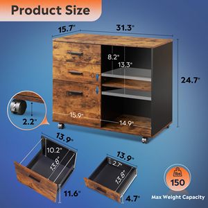 Armoire de classement mobile SENYU en bois rustique à 3 tiroirs avec étagères ouvertes pour le rangement du bureau à domicile - Product Image 3