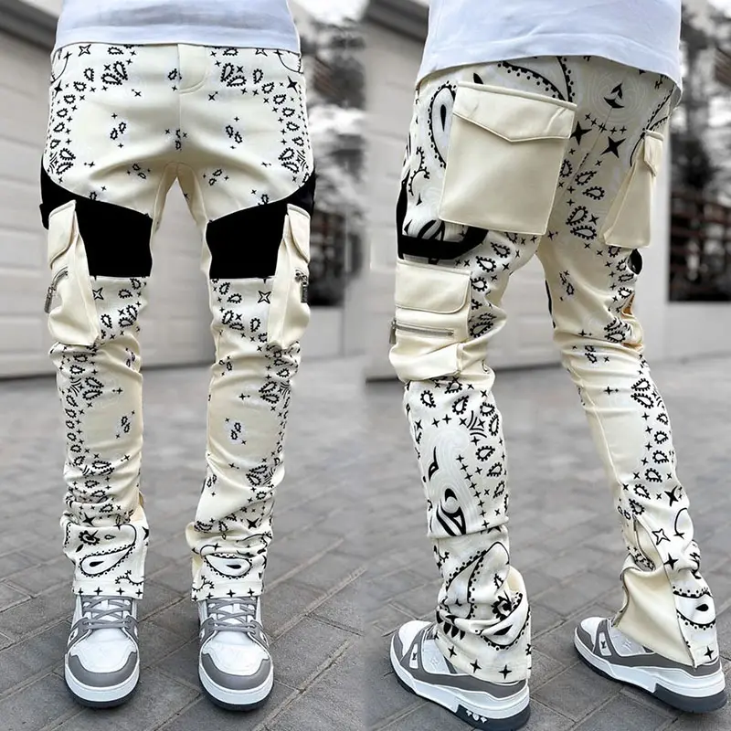 Custom Summer Men Paisley Print Cargo Flared Leather Pants Skinny Fit Elastic PU Trousers Thin Streetwear Stacked Leather Pants