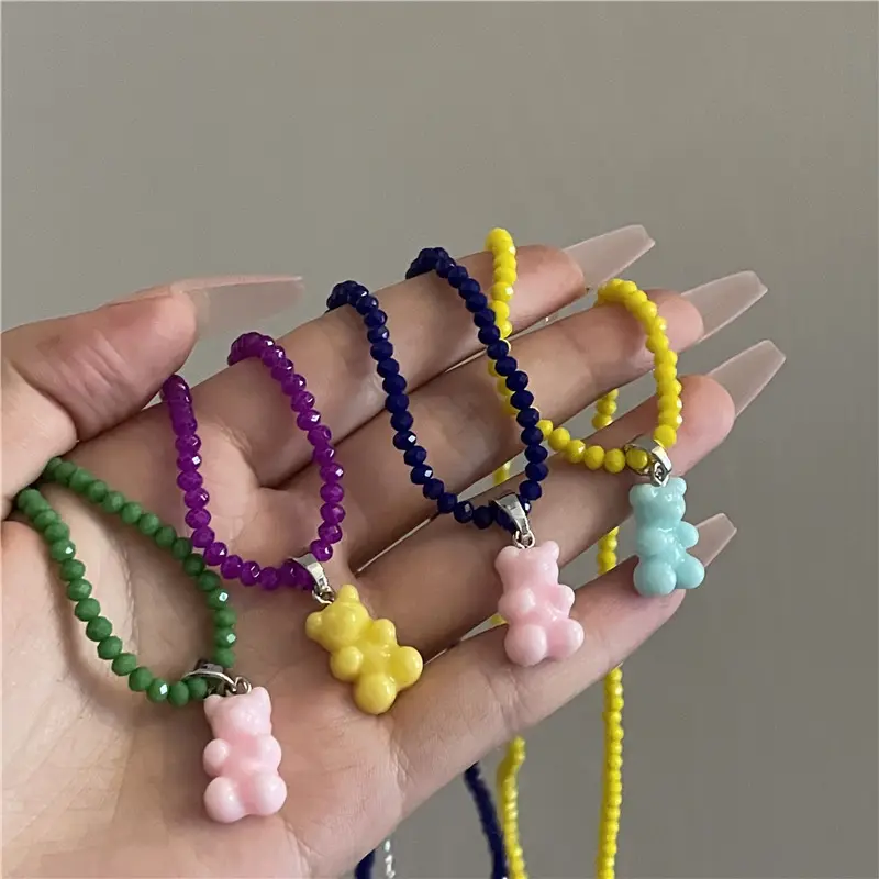 Collier de perles de riz d'été réglable, mignon, pendentif ours de graines pour femmes et filles
