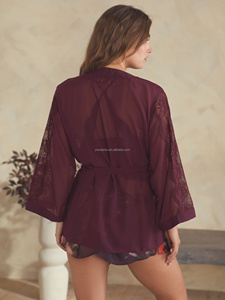 Par <span class=keywords><strong>Ted</strong></span> Baker Robe en mousseline de soie en dentelle bordeaux Vêtements de nuit pour femmes Pyjama deux pièces en dentelle bordeaux Sexy et confortable - Product Image 2